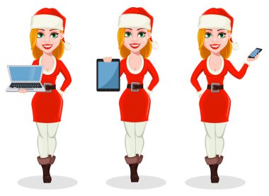 Mutlu Noeller. Noel Baba kostüm, güzel kadın üç pozlar ayarlayın. Karikatür karakter holding laptop, holding tablet ve holding smartphone. Vektör çizim