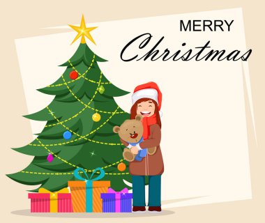 Mutlu Noeller. Santa Claus şapka holding oyuncak ayı ve Noel ağacı, yakın duran sevimli kız çizgi film karakteri. Tebrik kartı, poster, afiş için kullanılabilir. Vektör çizim