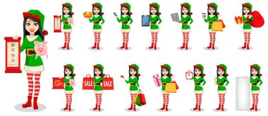 Mutlu Noeller ve mutlu yeni yıl. Kostüm Elf, güzel kadın on beş pozlar ayarlayın. Yazı mutlu yeni yıl olarak çevirir. Bayan Noel Baba Yardımcısı çizgi film karakteri. Vektör çizim