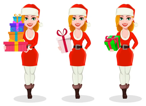 Merry Christmas Beautiful Woman Santa Claus Costume Set Three Poses — Stock Vector