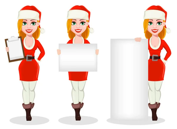 Merry Christmas Beautiful Woman Santa Claus Costume Set Three Poses — Stock Vector