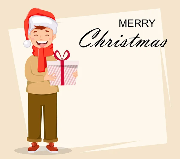 Frohe Weihnachten Grußkarte Mit Fröhlichen Jungen Weihnachtsmann Hut Hält Geschenkbox — Stockvektor