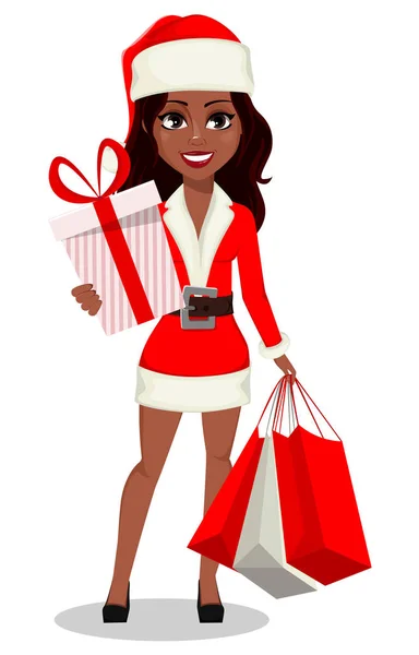 Merry Christmas Happy New Year African American Woman Santa Claus — Stock Vector