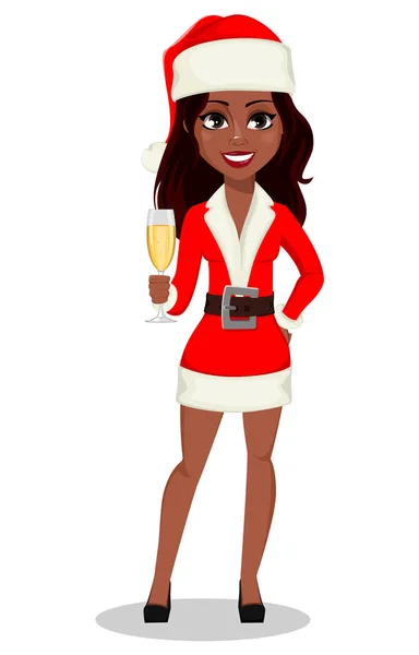 Feliz Navidad Feliz Año Nuevo Mujer Afroamericana Disfrazada Santa Claus — Vector de stock
