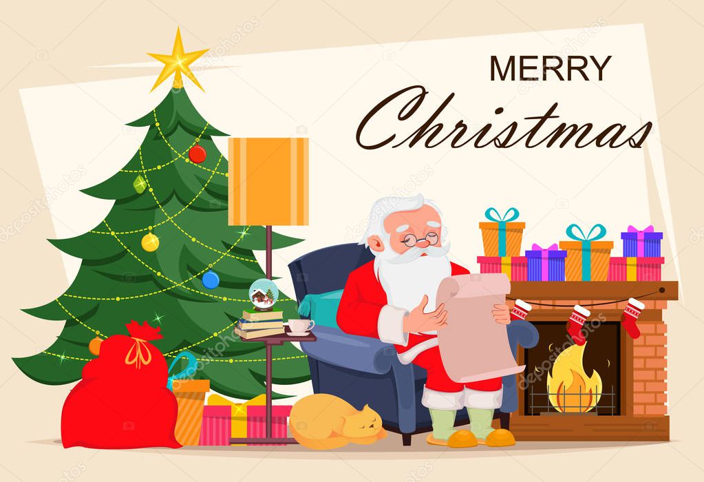 Merry Christmas greeting card with Santa Claus sitting in armchair at home near fireplace and reading letter from children. Vector illustration