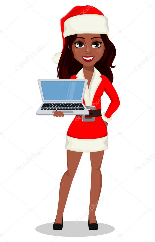 Merry Christmas and Happy New Year. African-American woman in Santa Claus costume, usable for landing page, greeting card, etc. Cartoon character holds laptop. Vector illustration