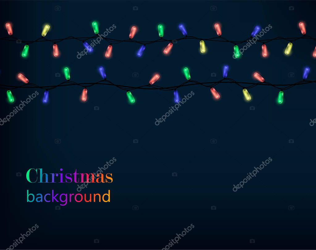 Happy New Year and Merry Christmas background with colored Christmas lights. Vector illustration