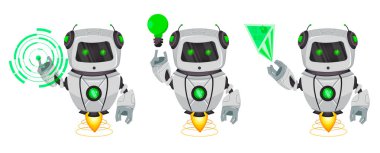 Yapay zeka, bot, üç pozlar kümesi ile robot. Komik çizgi film karakteri hologram üzerinde puan ve üzerinde yeşil lamba gösterir. Vektör çizim
