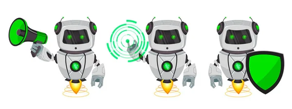 Robot Con Inteligencia Artificial Bot Conjunto Tres Poses Divertido Personaje — Vector de stock