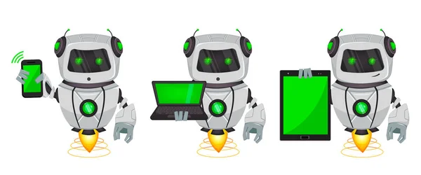 つのポーズのセット ボットは 人工知能を持つロボット 面白い漫画のキャラクターは スマート フォンを保持ラップトップを保持し タブレットを保持します ベクトル図 — ストックベクタ