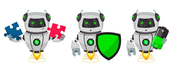 Robot Con Inteligencia Artificial Bot Conjunto Tres Poses Divertido Personaje — Vector de stock