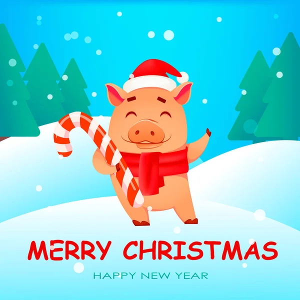 Tarjeta Felicitación Navideña Lindo Cerdo Con Sombrero Santa Claus Bufanda — Vector de stock