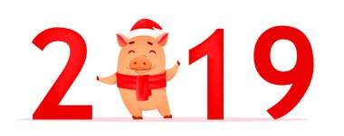 Mutlu yeni yıl tebrik kartı. 2019 Santa Claus şapka ve atkı sıfır yerinde duran sevimli domuzla. Vektör çizim