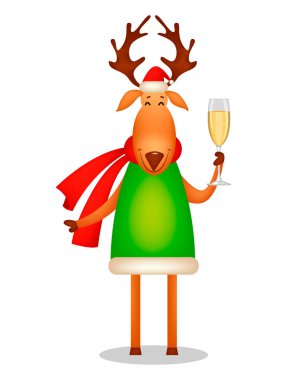 Noel tebrik kartı. Komik geyik Santa Claus şapka ve kırmızı eşarp takıyor. Sevimli çizgi film karakteri bir kadeh şampanya tutar. Beyaz arka plan üzerinde vektör çizim