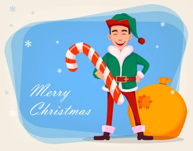 Noel tebrik kartı. Yakışıklı Noel Baba yardımcı elf. Neşeli çizgi film karakteri şeker kamışı tutar. Vektör çizim