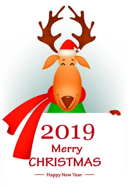 クリスマスと新年のグリーティング カード 面白い鹿はサンタ クロースの帽子と赤いスカーフを身に着けています 白紙の横断幕の後ろにかわいい漫画文字立って ベクトル図 — ストックベクタ
