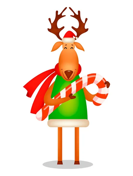 Boże Narodzenie Życzeniami Noszenie Czapki Mikołajów Czerwonym Szalikiem Śmieszne Jelenia — Wektor stockowy