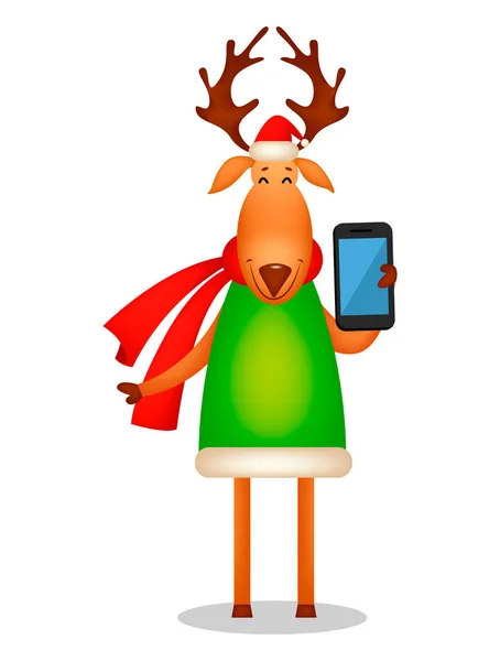 Carte Voeux Noël Drôle Cerf Portant Chapeau Père Noël Écharpe — Image vectorielle