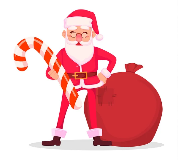Weihnachtsgrußkarte Lustige Weihnachtsmänner Gläsern Fröhliche Cartoon Figur Hält Großen Zuckerrohr — Stockvektor