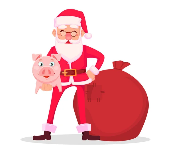 圣诞贺卡 有趣的圣诞老人在眼镜 欢快的卡通人物举行可爱的小猪 向量例证在白色背景 — 图库矢量图片