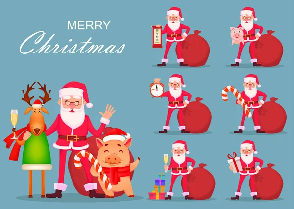 Weihnachtsgrußkarte Lustige Weihnachtsmänner Gläsern Niedliche Hirsche Und Schweine Die Mit — Stockvektor