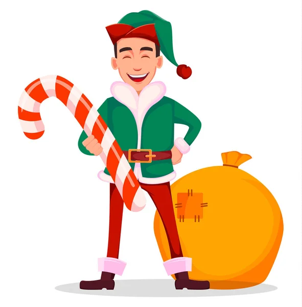 New Year Greeting Card Handsome Santa Claus Helper Elf Cheerful — Stock Vector