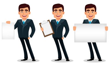 İş adam çizgi film karakteri resmi kıyafetli üç pozlar ayarlayın. Yakışıklı işadamı boş afiş tutar, pano tutar ve boş afişini tutar. Yöneticisi, bankacı. Vektör çizim