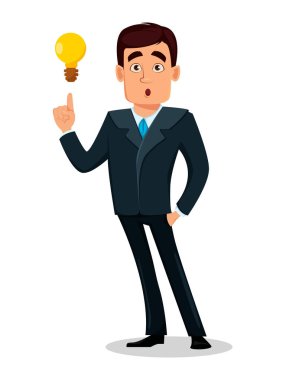 İş adam çizgi film karakteri resmi elbiseli. Yakışıklı işadamı iyi bir fikir vardır. Yöneticisi, bankacı. Vektör çizim