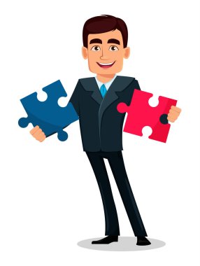 İş adam çizgi film karakteri resmi elbiseli. Yakışıklı işadamı iki adet bulmaca tutar. Yöneticisi, bankacı. Vektör çizim