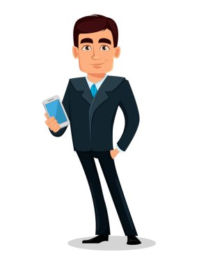 İş adam çizgi film karakteri resmi elbiseli. Yakışıklı işadamı smartphone tutar. Yöneticisi, bankacı. Vektör çizim