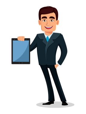 İş adam çizgi film karakteri resmi elbiseli. Yakışıklı işadamı tablet tutar. Yöneticisi, bankacı. Vektör çizim