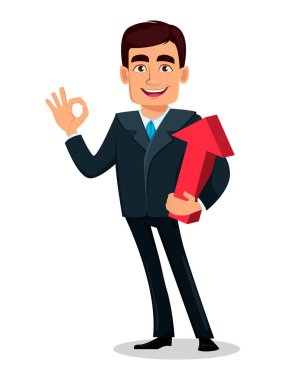 İş adam çizgi film karakteri resmi elbiseli. Yakışıklı işadamı kırmızı ok tutar ve ok işareti gösterir. Yöneticisi, bankacı. Vektör çizim