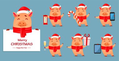 Noel tebrik kartı. Santa Claus şapka ve atkı, şirin domuz ayarla yedi teşkil etmektedir. Yazı mutlu yeni yıl olarak tercüme. Vektör çizim