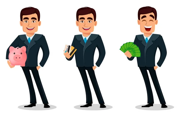 Homem Negócios Personagem Desenho Animado Terno Formal Conjunto Três Poses —  Vetores de Stock