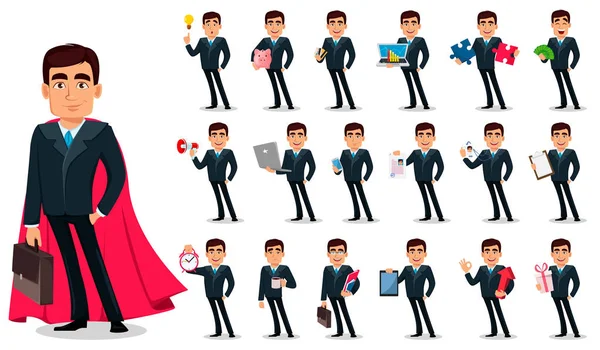 Hombre Negocios Personaje Dibujos Animados Traje Formal Conjunto Diecinueve Poses — Vector de stock