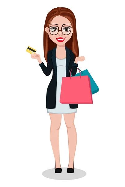 女商人卡通人物 美丽的女商人拿着信用卡和购物袋 自由职业者经理银行家向量例证 — 图库矢量图片
