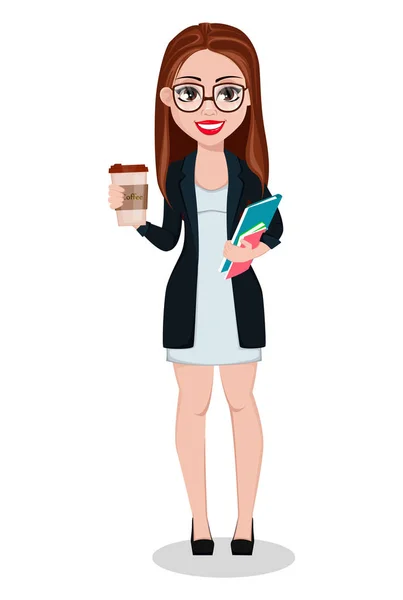 Mujer Negocios Personaje Dibujos Animados Hermosa Mujer Negocios Tiene Café — Vector de stock