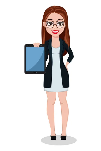 Personagem Desenhos Animados Mulher Negócios Mulher Negócios Bonita Segura Tablet —  Vetores de Stock