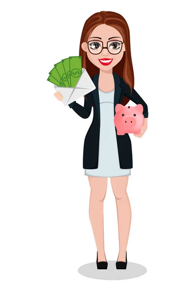 Mujer Negocios Personaje Dibujos Animados Hermosa Mujer Negocios Tiene Dinero — Vector de stock