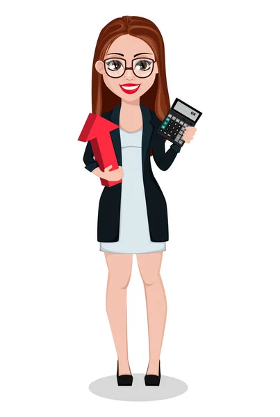 Geschäftsfrau Zeichentrickfigur Schöne Geschäftsfrau Hält Roten Pfeil Und Taschenrechner Der — Stockvektor