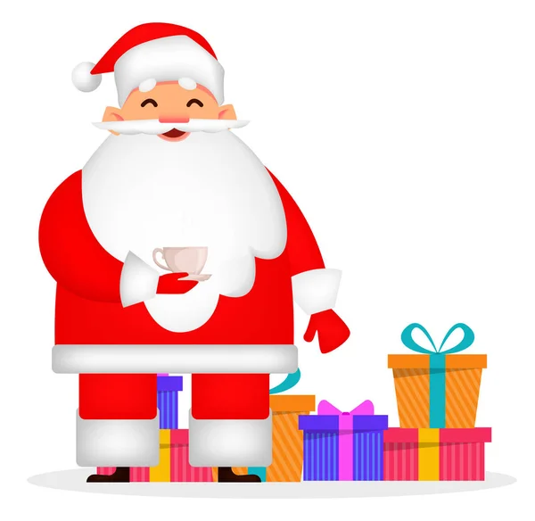 Weihnachtsgrußkarte Der Lustige Weihnachtsmann Hält Eine Tasse Heißgetränk Der Hand — Stockvektor
