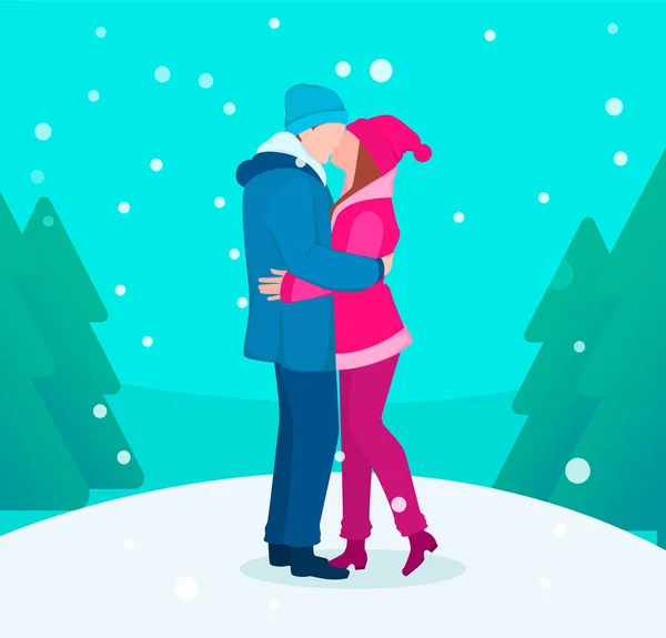 Christmas New Year Greeting Card Young Couple Love Kissing Outdoors — Stock Vector