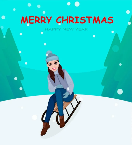 圣诞和新年贺卡 坐在雪橇上的漂亮女人 微笑的卡通人物 向量例证与冬天森林在背景 — 图库矢量图片