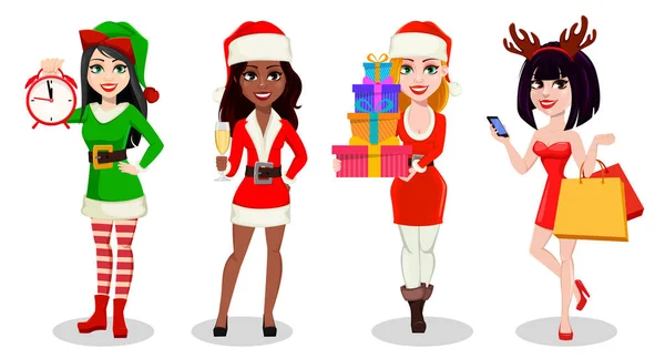 Personajes Navideños Mujeres Que Usan Disfraces Para Las Vacaciones Utilizable — Vector de stock