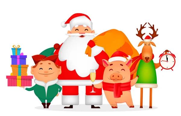 休日のためのクリスマスの文字 サンタ クロース サンタさんのヘルパー エルフ 貯金箱 グリーティング カード ポスター バナーなどが可能です — ストックベクタ