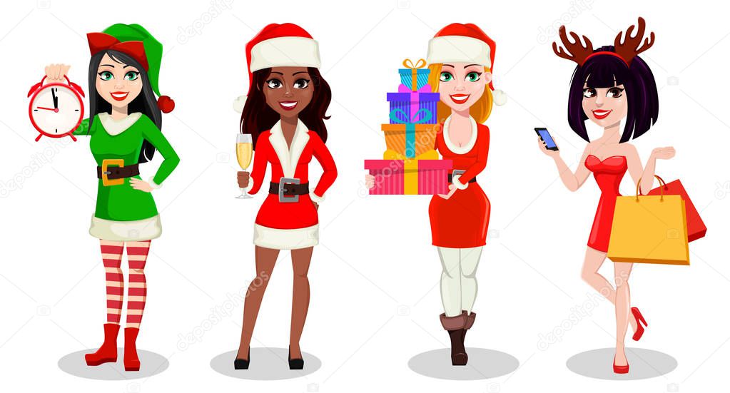 Christmas characters. Women wearing costumes for holidays. Usable for greeting card, banner, poster, flyer. Vector illustration on white background