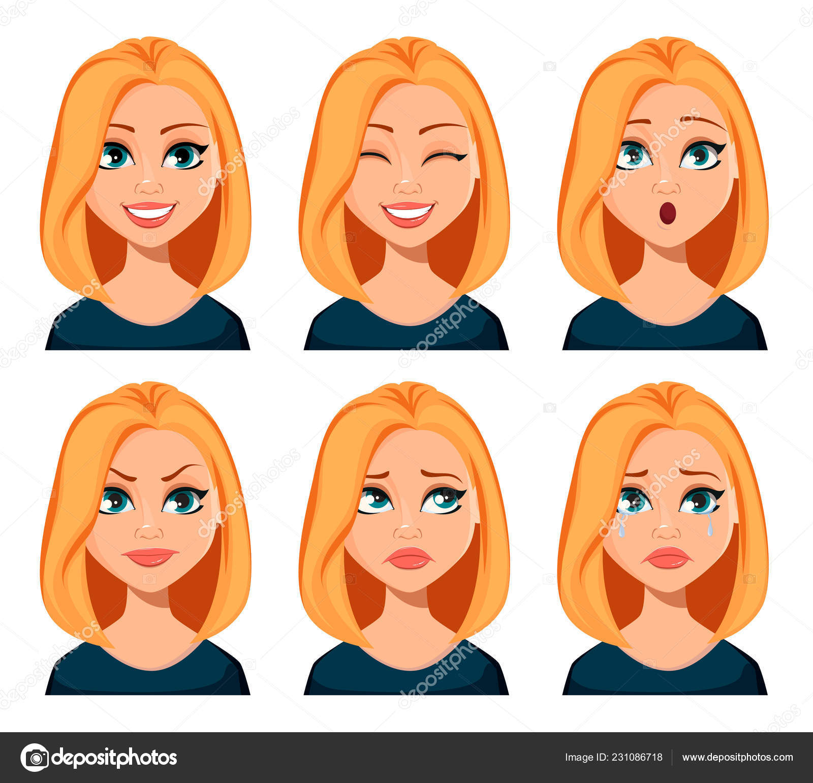 Face Expressions Woman Blond Hair Different Female Emotions Set Beautiful  Stock Vector Image by ©VectorKIF #231086718
