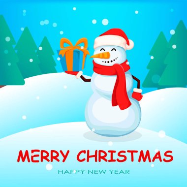 Noel tebrik kartı sevimli kardan adam ile. Hediye kutusu tutarak komik çizgi film karakteri. Afiş, poster, afiş, davetiye için kullanılabilir. Vektör çizim ile kış orman arka plan üzerinde