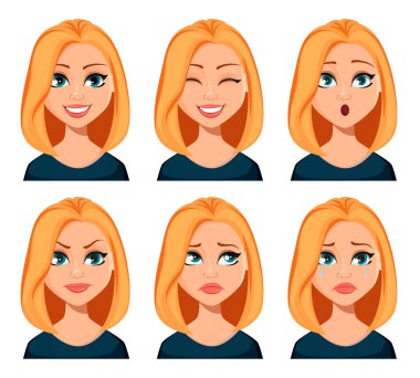 Sarışın kadınla yüz ifadeleri. Farklı kadın duygular ayarlayın. Güzel çizgi film karakteri modern iş kadını. Beyaz arka plan üzerinde izole vektör çizim.