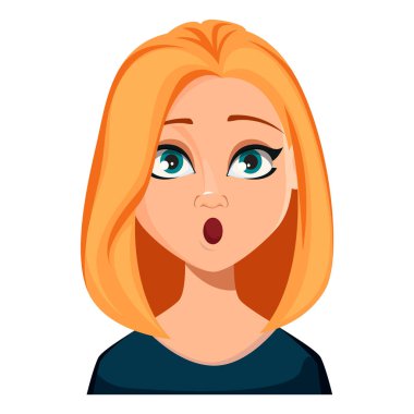 Sarı saçlı, sürpriz kadınla yüz ifadesi. Güzel çizgi film karakteri modern iş kadını. Beyaz arka plan üzerinde izole vektör çizim.